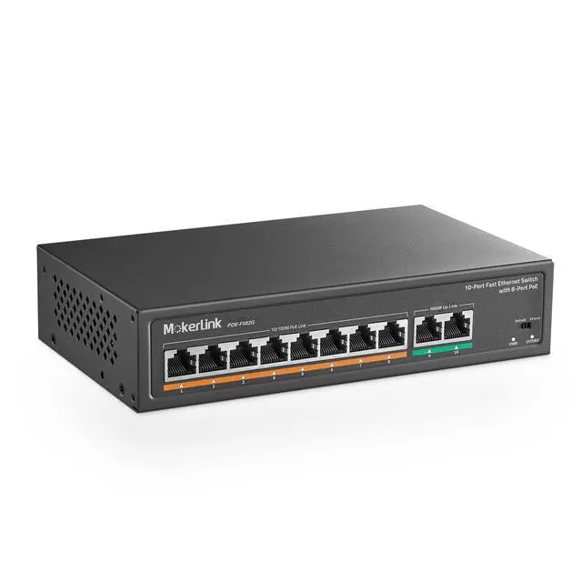 Main image of MokerLink 8 Port PoE Switch with 2 Gigabit Uplink, 802.3af/at PoE+ 100Mbps, 120W Built-in Power, Extend to 250Meter, Metal Plug & Play