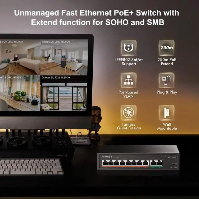 Alt view image 2 of 7 - MokerLink 8 Port PoE Switch with 2 Gigabit Uplink, 802.3af/at PoE+ 100Mbps, 120W Built-in Power, Extend to 250Meter, Metal Plug & Play