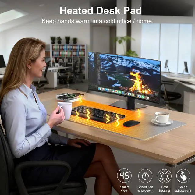 Alt view image 2 of 7 - YUECHCASES Heated Desk Pad, 10s Fast Heating Desk Mat with Integrated 15W Wireless Charging for Phone/Earbuds, 31.5" x 13" Waterproof Mouse Pad, 2-6H Auto-Stop, Precision 1-Degree Temp Control