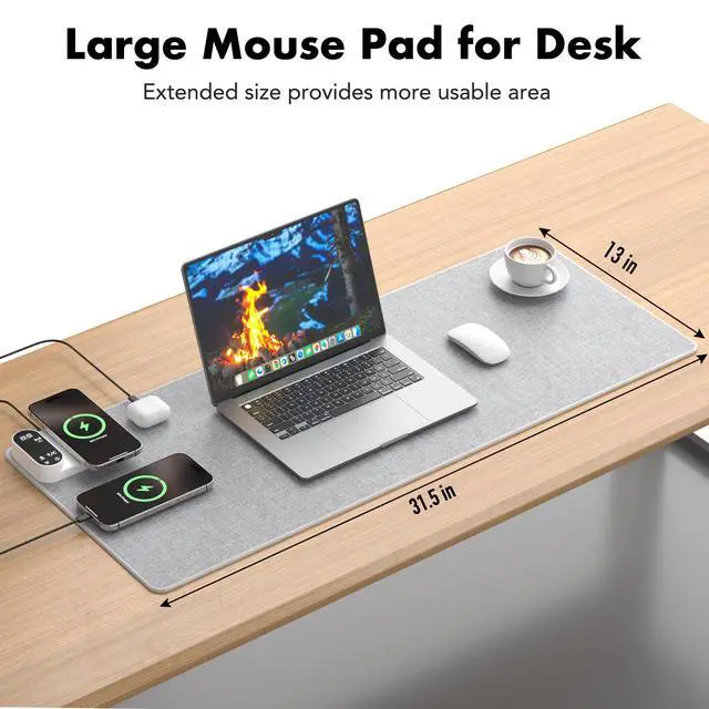 Alt view image 3 of 7 - YUECHCASES Heated Desk Pad, 10s Fast Heating Desk Mat with Integrated 15W Wireless Charging for Phone/Earbuds, 31.5" x 13" Waterproof Mouse Pad, 2-6H Auto-Stop, Precision 1-Degree Temp Control