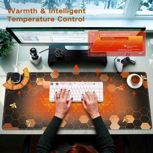 Alt view image 2 of 7 - iCasso Heated Mouse Pad, XL Big Desk Pad with 4 Heating Levels & 4 Auto Shut-Off Levels for Computer Keyboard, 31.5" x 13" Large Safe Desk Mat Hand Warmer for Home Office Work (Honeycomb)