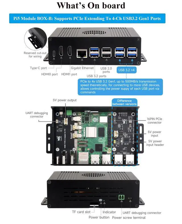 Alt view image 6 of 7 - Multi-Functional All-in-One Mini-Computer Kit Compatible with Raspberry Pi 5, Pi5 PCIe Box Includes Aluminum Alloy Case, PCIe to 4-CH USB3.2 Gen1 Adapter Board, Pi5 HDMI and Type-C Adapter Board