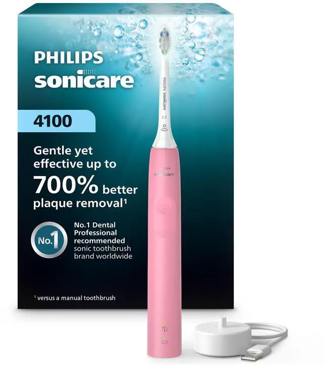 Main image of Sonicare 4100 Series Electric Toothbrush - Sonic Toothbrush with Advanced Sonic Technology, Pressure Sensor, Two Intensity Settings, Smartimer & Quadpacer, Deep Pink, Model HX3681/26