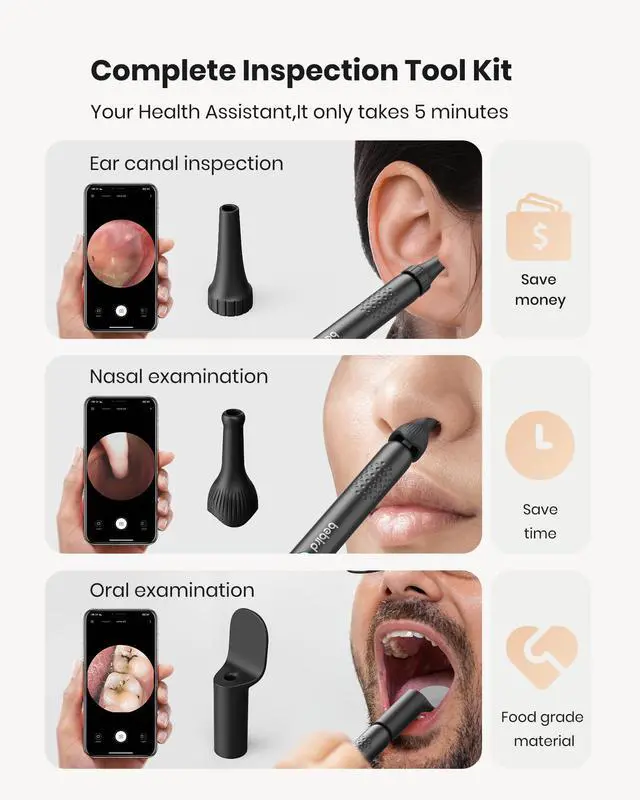 Alt view image 2 of 7 - BEBIRD R1 Wax Removal Tool for Ear - Spade Ear Canal Cleaner with Camera 1080P Earscope, Wax Remove Ear Picker with Vari Replacement Tips, Camera with 6LED Light for Ear/Nose/Throat Examination, Black