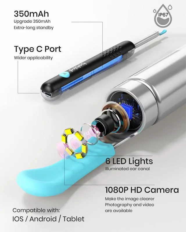 Alt view image 5 of 7 - BEBIRD R1 Wax Removal Tool for Ear - Spade Ear Canal Cleaner with Camera 1080P Earscope, Wax Remove Ear Picker with Vari Replacement Tips, Camera with 6LED Light for Ear/Nose/Throat Examination, Black