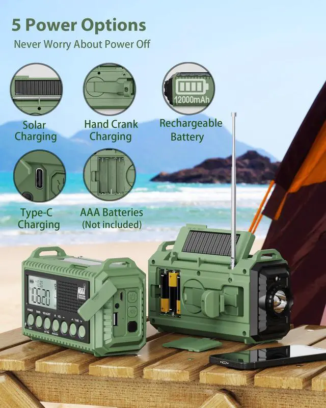 Alt view image 5 of 7 - Emergency Weather Radio, Hand Crank 12000mAh Battery Powered Auto Alert NOAA Radio,130H Runtime, LCD Digital Display, SOS, Flashlight,Phone Charger, Solar Portable AM/FM/SW Radio for Emergency/Outdoor