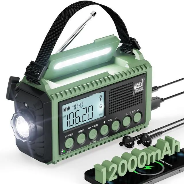 Main image of Emergency Weather Radio, Hand Crank 12000mAh Battery Powered Auto Alert NOAA Radio,130H Runtime, LCD Digital Display, SOS, Flashlight,Phone Charger, Solar Portable AM/FM/SW Radio for Emergency/Outdoor