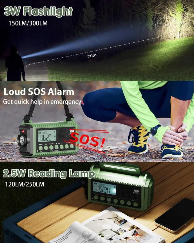 Alt view image 6 of 7 - Emergency Weather Radio, Hand Crank 12000mAh Battery Powered Auto Alert NOAA Radio,130H Runtime, LCD Digital Display, SOS, Flashlight,Phone Charger, Solar Portable AM/FM/SW Radio for Emergency/Outdoor