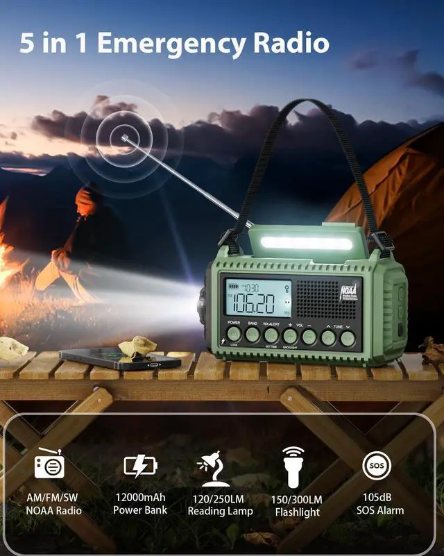 Alt view image 2 of 7 - Emergency Weather Radio, Hand Crank 12000mAh Battery Powered Auto Alert NOAA Radio,130H Runtime, LCD Digital Display, SOS, Flashlight,Phone Charger, Solar Portable AM/FM/SW Radio for Emergency/Outdoor