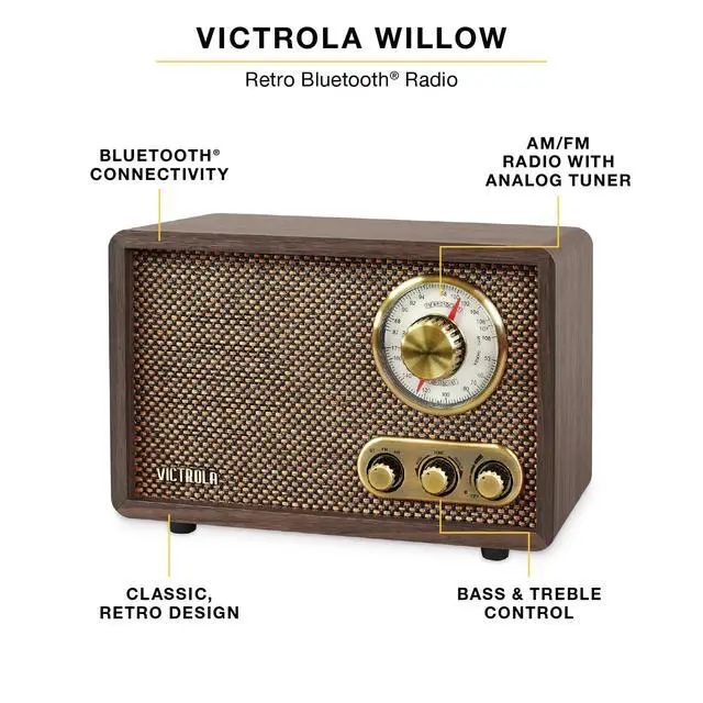 Alt view image 2 of 7 - Victrola Willow Retro Wood Bluetooth Radio with Built-in Speakers: Elegant & Vintage Design, Rotary AM/FM Tuning Dial, Bass & Treble Control, Wireless Streaming (Walnut)