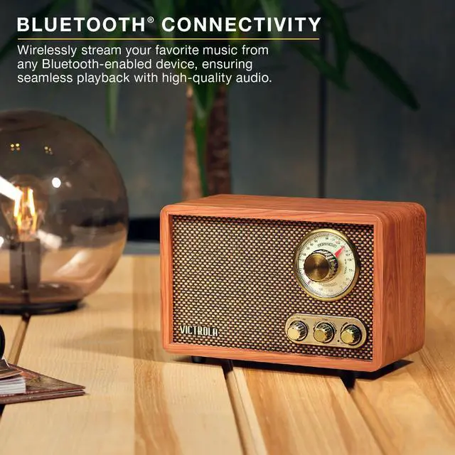Alt view image 3 of 7 - Victrola Willow Retro Wood Bluetooth Radio with Built-in Speakers: Elegant & Vintage Design, Rotary AM/FM Tuning Dial, Bass & Treble Control, Wireless Streaming (Walnut)