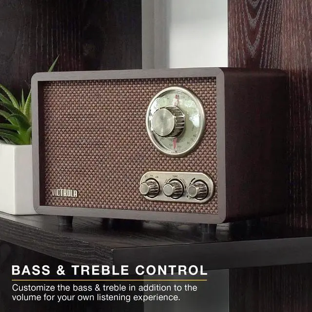 Alt view image 5 of 7 - Victrola Willow Retro Wood Bluetooth Radio with Built-in Speakers: Elegant & Vintage Design, Rotary AM/FM Tuning Dial, Bass & Treble Control, Wireless Streaming (Walnut)