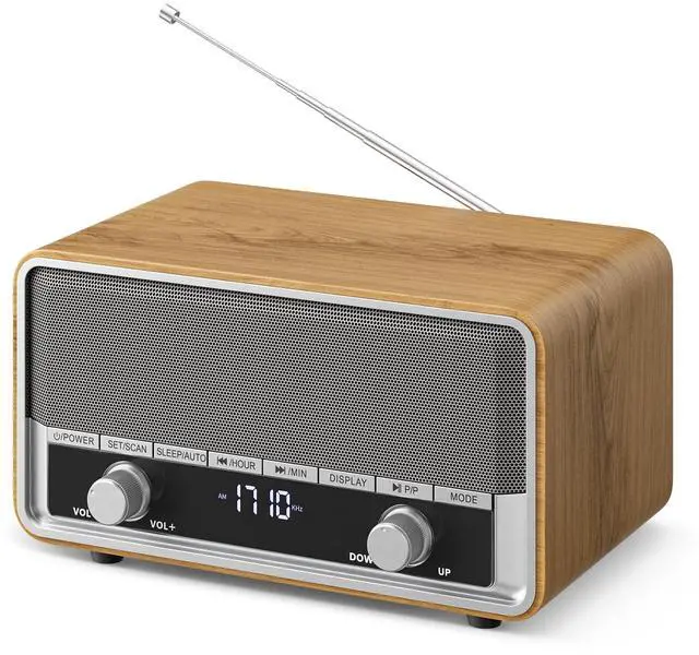 Main image of Vintage Wood AM FM Bluetooth Radio with Clock, Digital Clock Radio for Bedroom with LCD Display | 40 Presets | Sleep Timer | No Alarm, Retro Bluetooth Speaker for Office, Kitchen (Light Walnut)
