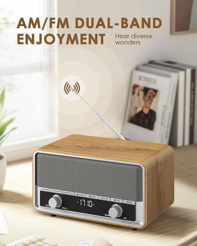 Alt view image 3 of 7 - Vintage Wood AM FM Bluetooth Radio with Clock, Digital Clock Radio for Bedroom with LCD Display | 40 Presets | Sleep Timer | No Alarm, Retro Bluetooth Speaker for Office, Kitchen (Light Walnut)