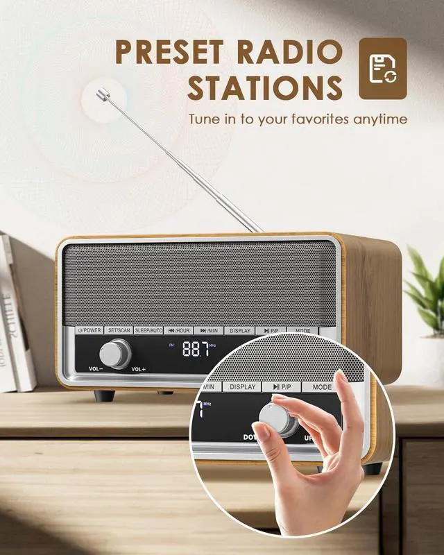 Alt view image 6 of 7 - Vintage Wood AM FM Bluetooth Radio with Clock, Digital Clock Radio for Bedroom with LCD Display | 40 Presets | Sleep Timer | No Alarm, Retro Bluetooth Speaker for Office, Kitchen (Light Walnut)