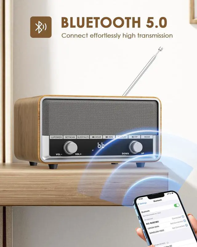 Alt view image 4 of 7 - Vintage Wood AM FM Bluetooth Radio with Clock, Digital Clock Radio for Bedroom with LCD Display | 40 Presets | Sleep Timer | No Alarm, Retro Bluetooth Speaker for Office, Kitchen (Light Walnut)