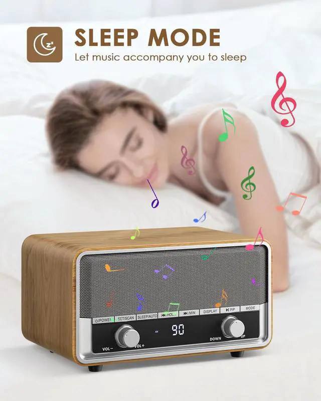 Alt view image 5 of 7 - Vintage Wood AM FM Bluetooth Radio with Clock, Digital Clock Radio for Bedroom with LCD Display | 40 Presets | Sleep Timer | No Alarm, Retro Bluetooth Speaker for Office, Kitchen (Light Walnut)