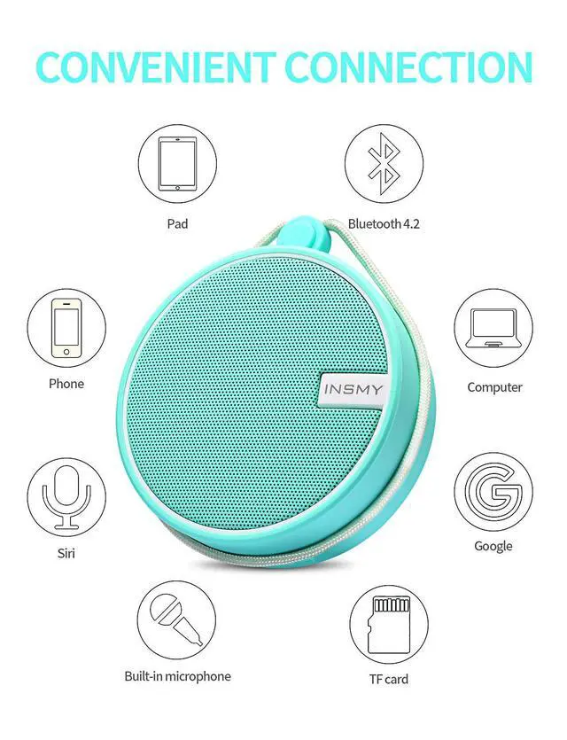 Alt view image 6 of 7 - INSMY C12 IPX7 Waterproof Shower Bluetooth Speaker, Portable Small Speaker, Speakers Bluetooth Wireless Loud Clear Sound Support TF Card Suction Cup for Outdoor Kayak Canoe Beach Gift (Mint)