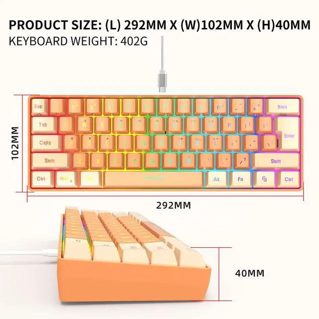 Alt view image 3 of 7 - Snpurdiri 60% Wired Gaming Keyboard, RGB Backlit Ultra-Compact Mini Gaming Keyboard for PC/Mac Gamer, Typist, Travel (Cream and Orange)