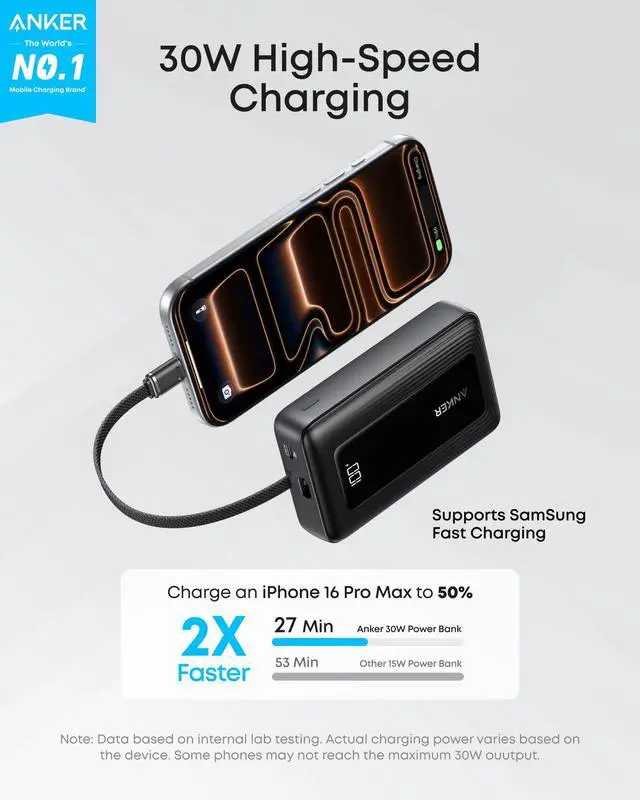 Alt view image 2 of 7 - Anker Zolo Power Bank (2025 Upgraded Version), 20,000mAh 30W High-Speed Portable Charger with Built-in USB-C Cable, Battery Pack for iPhone 17/16 / 15 Series, Galaxy, and More