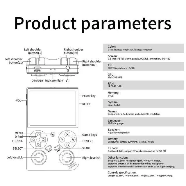 Alt view image 7 of 7 - G350 Retro Handheld Game Console , 3.5 Inch IPS Screen Linux System Built-in 64G TF Card 4371 Games Preloaded Handheld Game Console 3200mAh Battery(Transparent Black)