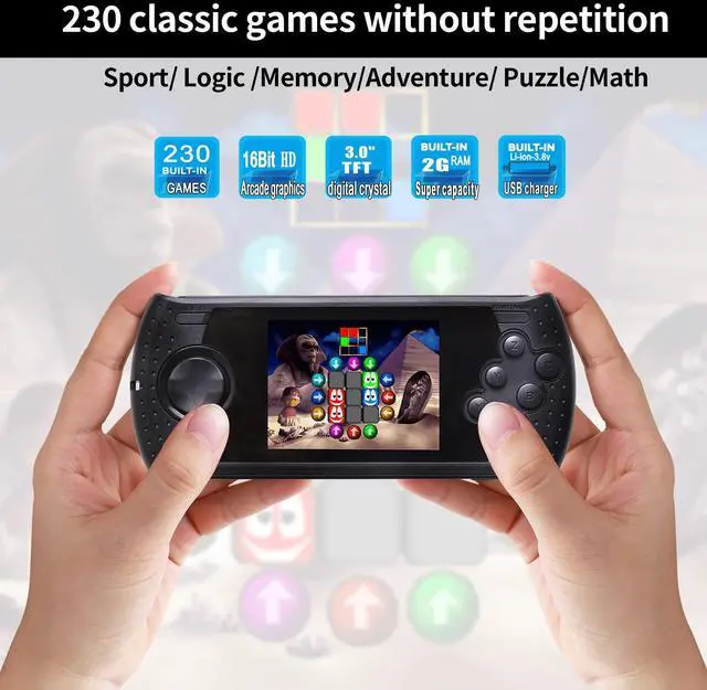 Alt view image 2 of 7 - 16 Bit Handheld Game for Kids Built-in 230 HD Classic Retro Video Games USB Rechargeable 3.0 Inch Childrens Travel Electronics Toys Portable Gaming Player System Gift for Boys Girls Ages 4-8-12