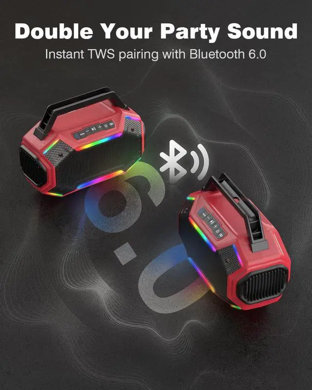 Alt view image 5 of 7 - Qozybuds Bluetooth 6.0 Speaker, 80W(Peak) Loud Speaker with Bass, 30H Working Time, IPX6 Waterproof Large Jobsite Speakers with TWS, RGB Lights for Work, Outdoor, Workshop, Garage (Red)