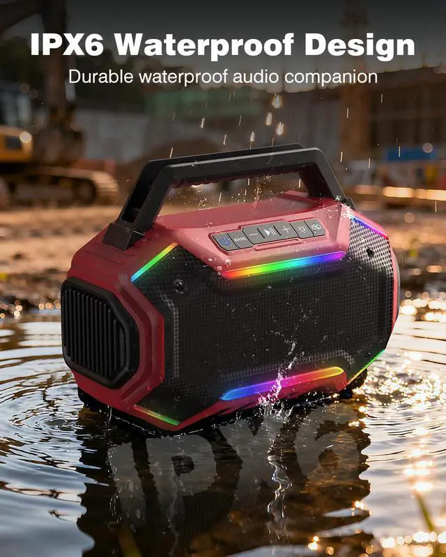 Alt view image 6 of 7 - Qozybuds Bluetooth 6.0 Speaker, 80W(Peak) Loud Speaker with Bass, 30H Working Time, IPX6 Waterproof Large Jobsite Speakers with TWS, RGB Lights for Work, Outdoor, Workshop, Garage (Red)