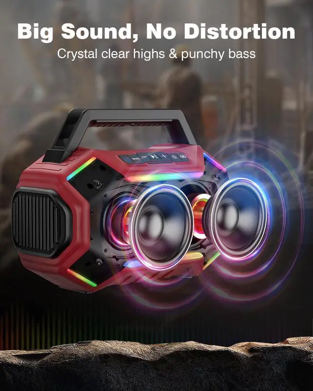 Alt view image 4 of 7 - Qozybuds Bluetooth 6.0 Speaker, 80W(Peak) Loud Speaker with Bass, 30H Working Time, IPX6 Waterproof Large Jobsite Speakers with TWS, RGB Lights for Work, Outdoor, Workshop, Garage (Red)