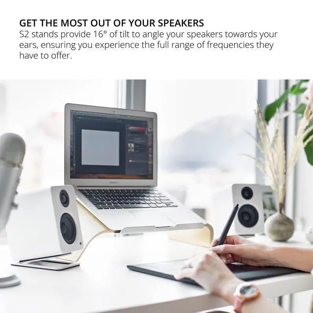 Alt view image 6 of 7 - Kanto S2 Tilted Desktop Speaker Stands for Small Speakers & Compact 2-3 Studio Monitors | Supports 6 lbs | Damping Foam Padding | White, Pair
