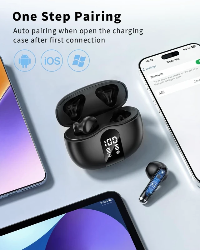 Alt view image 5 of 7 - Wireless Earbuds, 2026 Bluetooth 5.4 Headphones Bass Stereo Ear Buds with Noise Cancelling Mic, LED Display in Ear Earphones 50H Playtime Ear Buds, IP7 Waterproof for Laptop Pad Phones Black