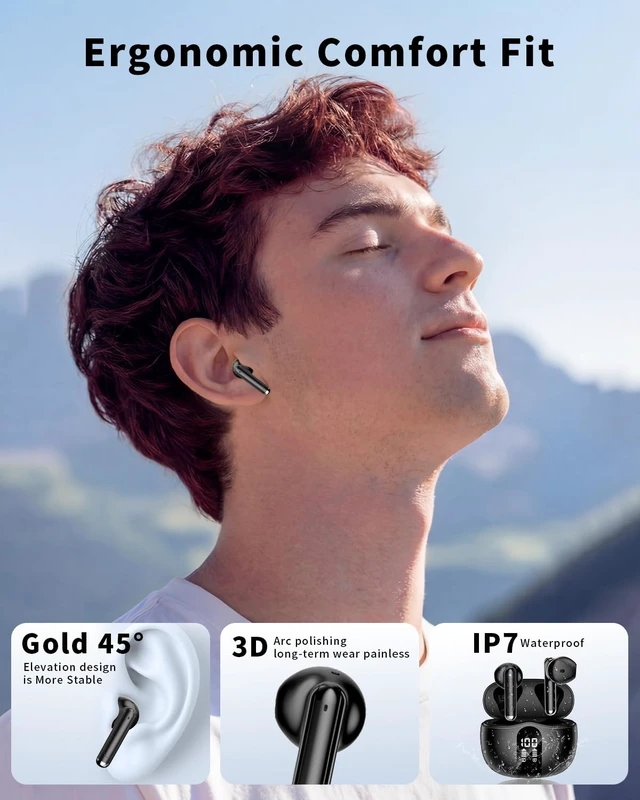 Alt view image 7 of 7 - Wireless Earbuds, 2026 Bluetooth 5.4 Headphones Bass Stereo Ear Buds with Noise Cancelling Mic, LED Display in Ear Earphones 50H Playtime Ear Buds, IP7 Waterproof for Laptop Pad Phones Black