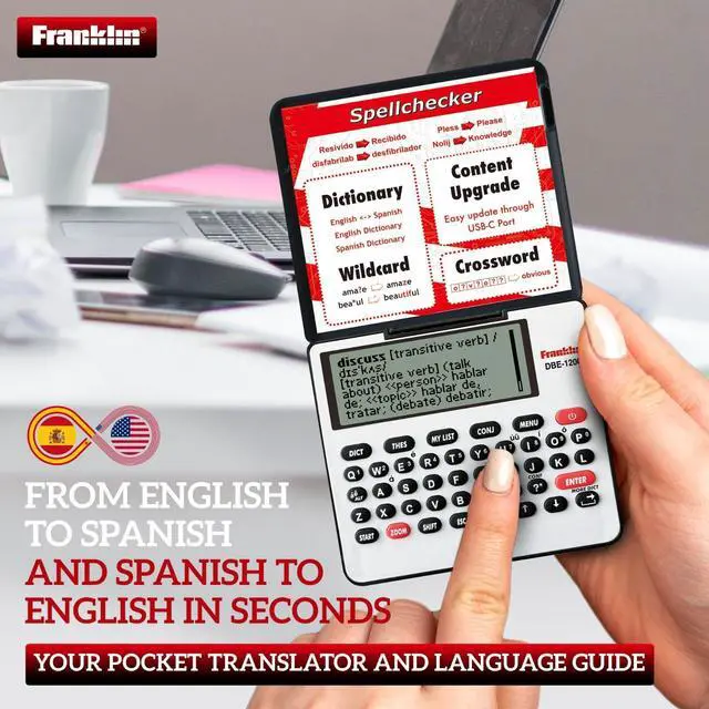 Alt view image 2 of 6 - Franklin DBE-1200 Bilingual Electronic Dictionary English-Spanish, Spanish English Digital Dictionary, Translator, Phrasebook, Spell Checker, Portable Device with LCD Screen