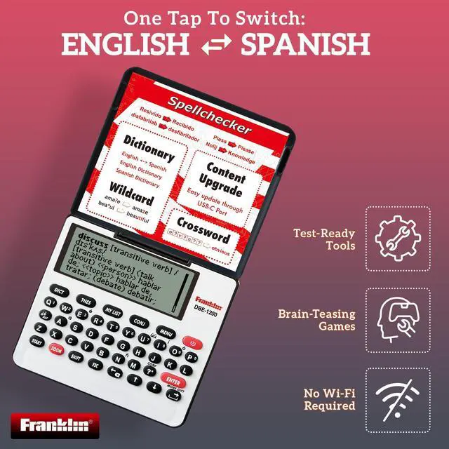 Alt view image 4 of 6 - Franklin DBE-1200 Bilingual Electronic Dictionary English-Spanish, Spanish English Digital Dictionary, Translator, Phrasebook, Spell Checker, Portable Device with LCD Screen