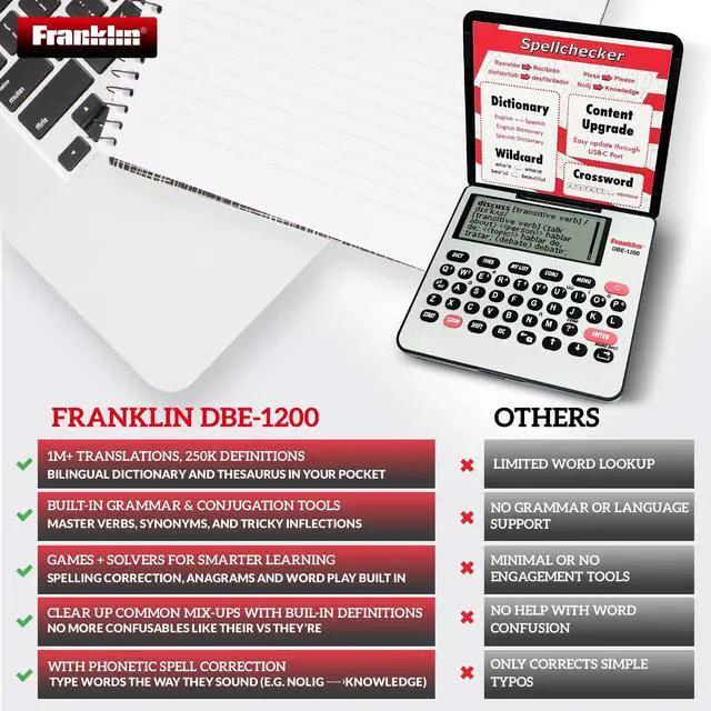 Alt view image 6 of 6 - Franklin DBE-1200 Bilingual Electronic Dictionary English-Spanish, Spanish English Digital Dictionary, Translator, Phrasebook, Spell Checker, Portable Device with LCD Screen