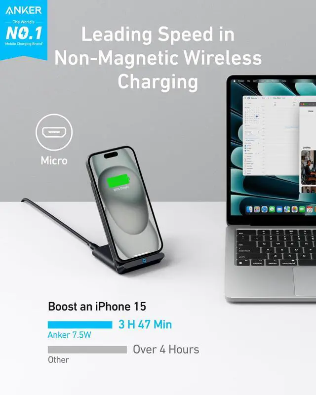 Alt view image 2 of 6 - Anker 313 Wireless Charger (Stand), Qi-Certified for iPhone 17/17/17 Pro/17 Pro Max/15/14/13, 10W Fast-Charging Galaxy S23 S22 S21(No AC Adapter)