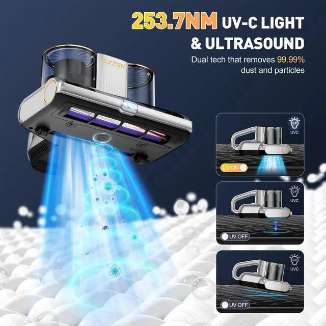 Alt view image 3 of 7 - Gxzsk Mattress Vacuum Cleaner, 16kPa Bed Vacuum Cleaner with 253.7nm UV-C Light, Ultrasonic & 140 Heating, Dual Cup & Widen Suction Port Handheld Vacuums for Bed, Sofa, Couch, Crib (500W, Corded)