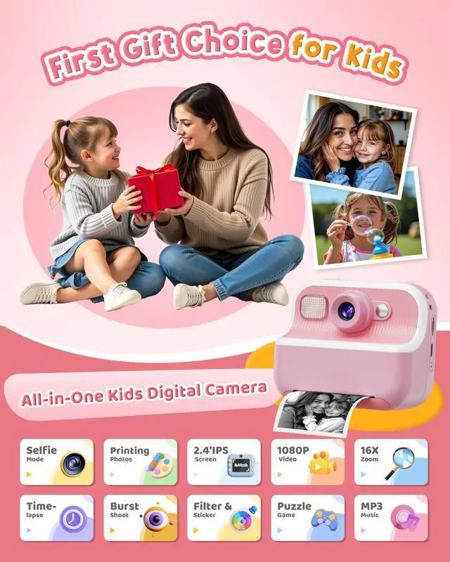 Alt view image 2 of 7 - Instant Camera, Front Rear Dual Selfie Kids Camera with 1080P Videos, Holiday Birthday Gifts for Kids Age 3-12, Toddler Portable Travel Print Digital Camera Toy for 4 5 6 7 8 9 Year Boys Girls
