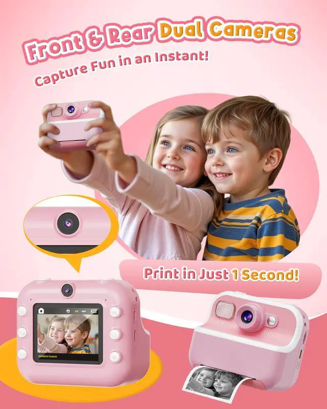Alt view image 3 of 7 - Instant Camera, Front Rear Dual Selfie Kids Camera with 1080P Videos, Holiday Birthday Gifts for Kids Age 3-12, Toddler Portable Travel Print Digital Camera Toy for 4 5 6 7 8 9 Year Boys Girls