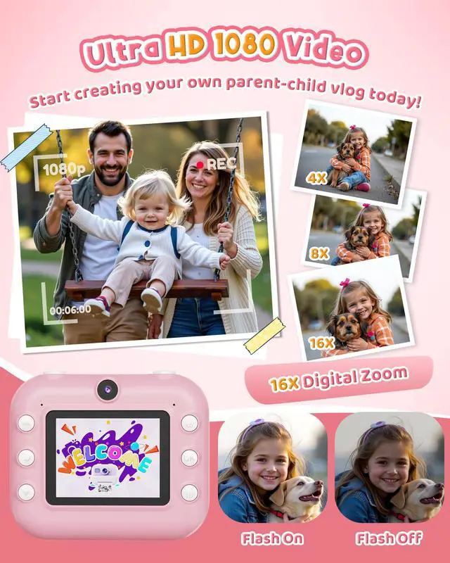 Alt view image 4 of 7 - Instant Camera, Front Rear Dual Selfie Kids Camera with 1080P Videos, Holiday Birthday Gifts for Kids Age 3-12, Toddler Portable Travel Print Digital Camera Toy for 4 5 6 7 8 9 Year Boys Girls