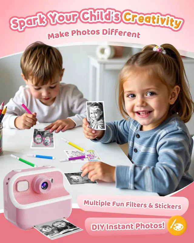 Alt view image 5 of 7 - Instant Camera, Front Rear Dual Selfie Kids Camera with 1080P Videos, Holiday Birthday Gifts for Kids Age 3-12, Toddler Portable Travel Print Digital Camera Toy for 4 5 6 7 8 9 Year Boys Girls