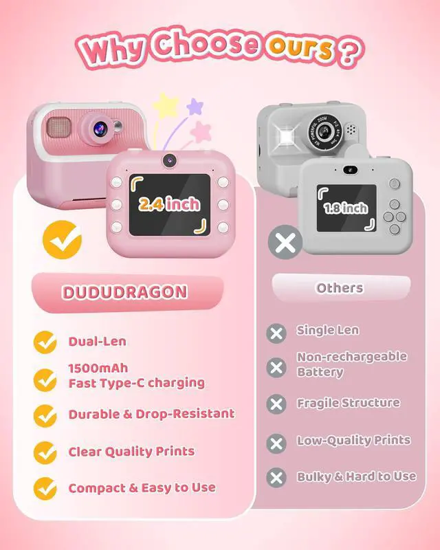 Alt view image 6 of 7 - Instant Camera, Front Rear Dual Selfie Kids Camera with 1080P Videos, Holiday Birthday Gifts for Kids Age 3-12, Toddler Portable Travel Print Digital Camera Toy for 4 5 6 7 8 9 Year Boys Girls