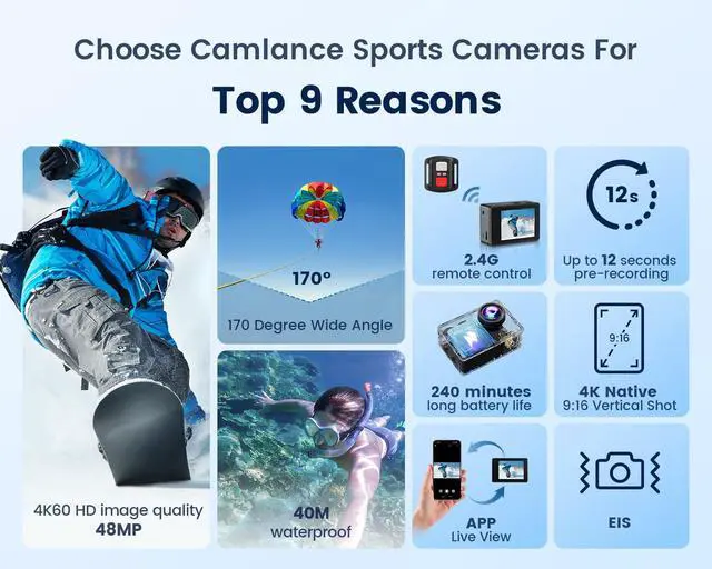 Alt view image 5 of 7 - Camlance 4K 60FPS Action Camera with 64GB Card-48MP Waterproof Camera,40M Underwater Camera,8X Zoom,EIS Stabilization,WiFi,Remote Control,MotorcycleCamera with 2 Rechargeable Batteries