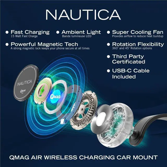 Alt view image 4 of 7 - Nautica Turan QMAG Air - Wireless Magnetic Car Charger 15W with Cooling Fan and Ambient Light, Includes 4ft USB C Cable, Universal Phone Mount for iPhone 17, 16, Galaxy S25, S24, Pixel 10 and More