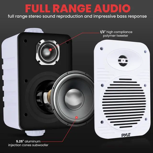 Alt view image 2 of 7 - Pyle 500 Watt Bluetooth Indoor Outdoor Speakers Pair - Dual Waterproof 5.25 2-Way Full Range Speaker System w/ 1/2 High Compliance Polymer Tweeter | Home, Boat, Marine, Deck, Patio, Poolside (White)