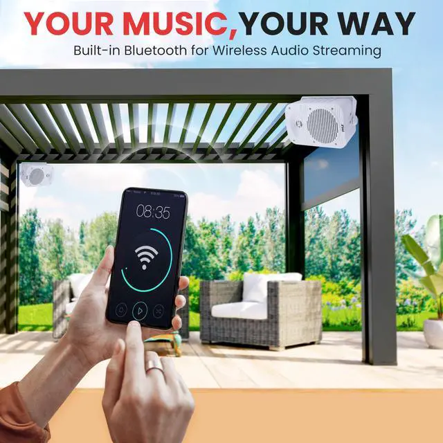 Alt view image 4 of 7 - Pyle 500 Watt Bluetooth Indoor Outdoor Speakers Pair - Dual Waterproof 5.25 2-Way Full Range Speaker System w/ 1/2 High Compliance Polymer Tweeter | Home, Boat, Marine, Deck, Patio, Poolside (White)