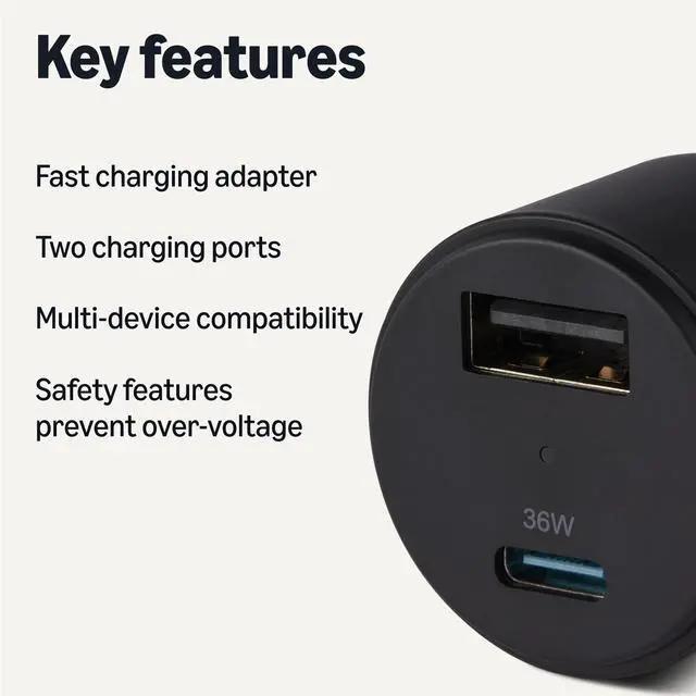 Alt view image 2 of 5 - Amazon Basics Fast-Charging Car Charger, Dual-Port, 1 USBC+1 USB-A, 48W, Black