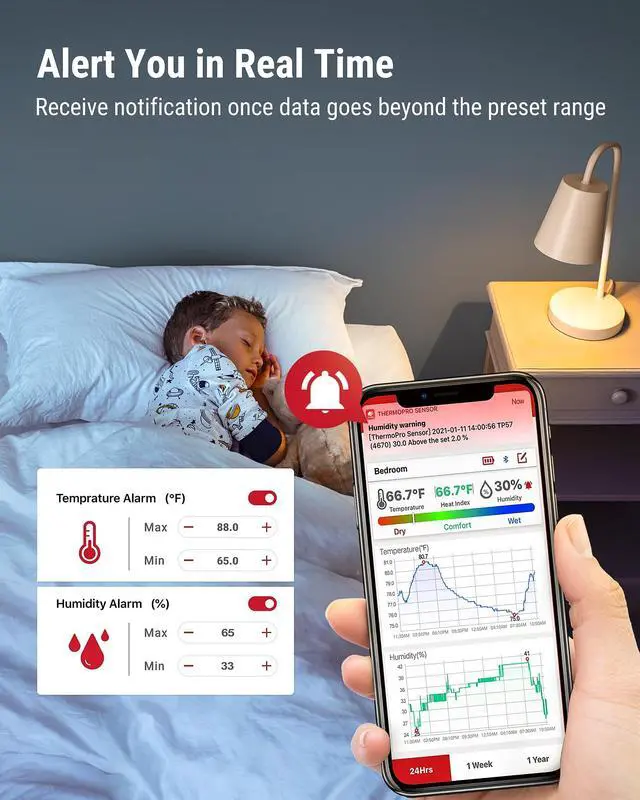 Alt view image 7 of 7 - ThermoPro TP357 Digital Hygrometer Indoor Thermometer of 260FT, Bluetooth Thermometer Humidity Meter with Smart App, Room Thermometer Humidity Gauge with Temperature Humidity Sensor