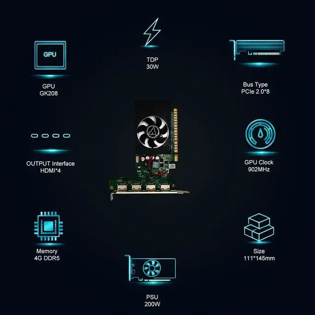 Alt view image 2 of 7 - Vandossy GeForce GT 730 Graphics Card, 4× HDMI 4GB GDDR5 Video Card PCIe 2.0×8 384CUDA Gaming Video Card for for Multi-Monitor Business, HTPC, Home Theater, Silent PC