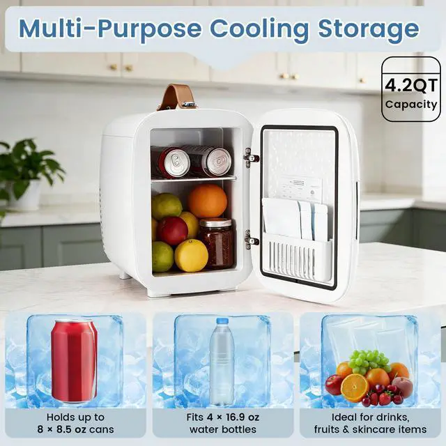 Alt view image 3 of 7 - NEWBULIG Mini Fridge for Bedroom, Office & Car, Portable 4L/4.23QT Mini Refrigerator for Skincare with Handle, Ultra-Quiet Energy-Saving Compact Cooler for Drinks, Food, Skincare & Makeup, 12V AC/DC